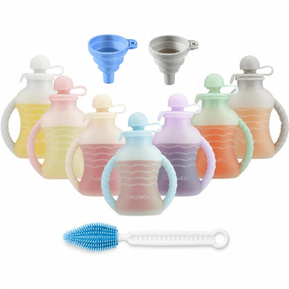 7-Pack Reusable Silicone Baby Food Pouches with Handles, 4oz Refillable Portable Pouches for Toddlers & Infants, BPA-Free Self-Feeding Yogurt & Smoothie Bags, Includes 2 Funnels