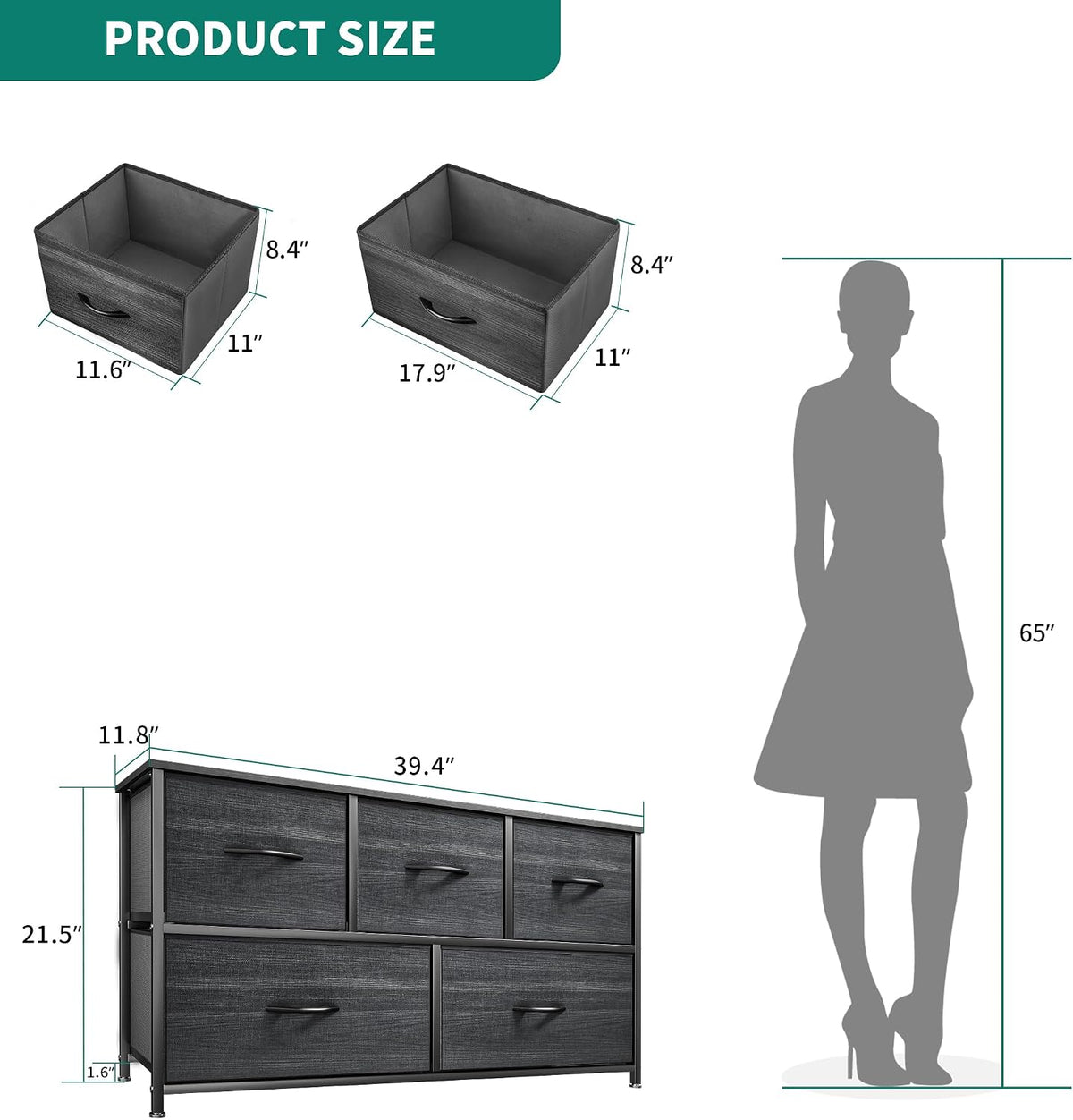 Dresser with 4 Drawers - Fabric Storage Tower