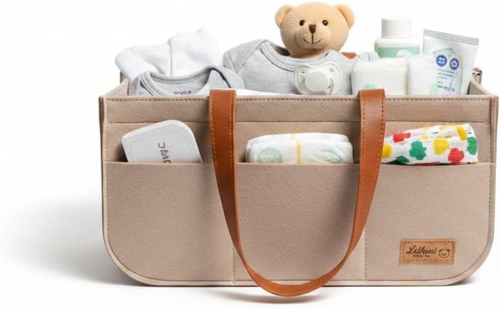 Baby Diaper Caddy Organizer, Portable Nursery Storage Basket with Handles and Removable Dividers, Felt Baby Organizer for Diapers, Wipes, Toys