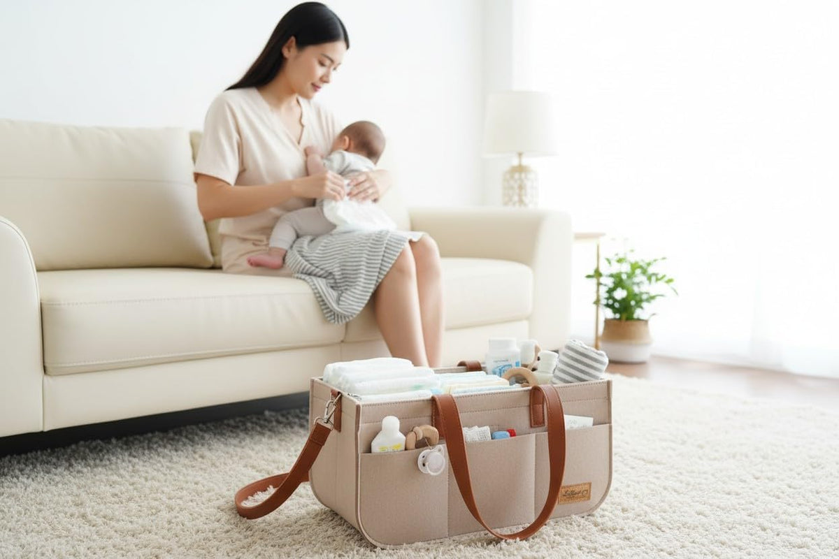 Baby Diaper Caddy Organizer, Portable Nursery Storage Basket with Handles and Removable Dividers, Felt Baby Organizer for Diapers, Wipes, Toys