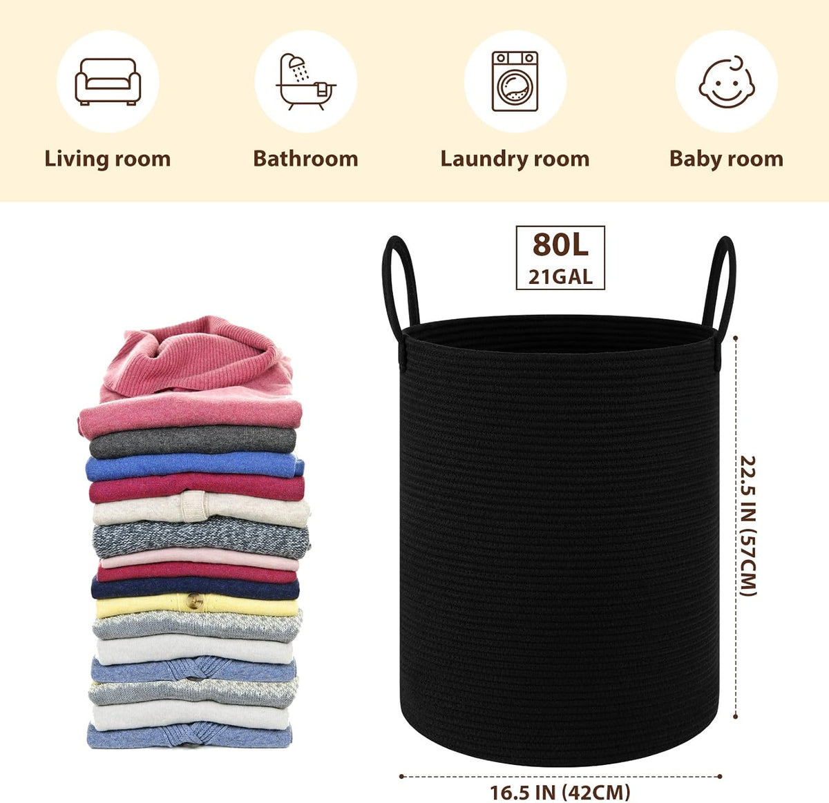 OIAHOMY 60L Nursery Hamper Laundry Basket Laundry Hamper Brown/White