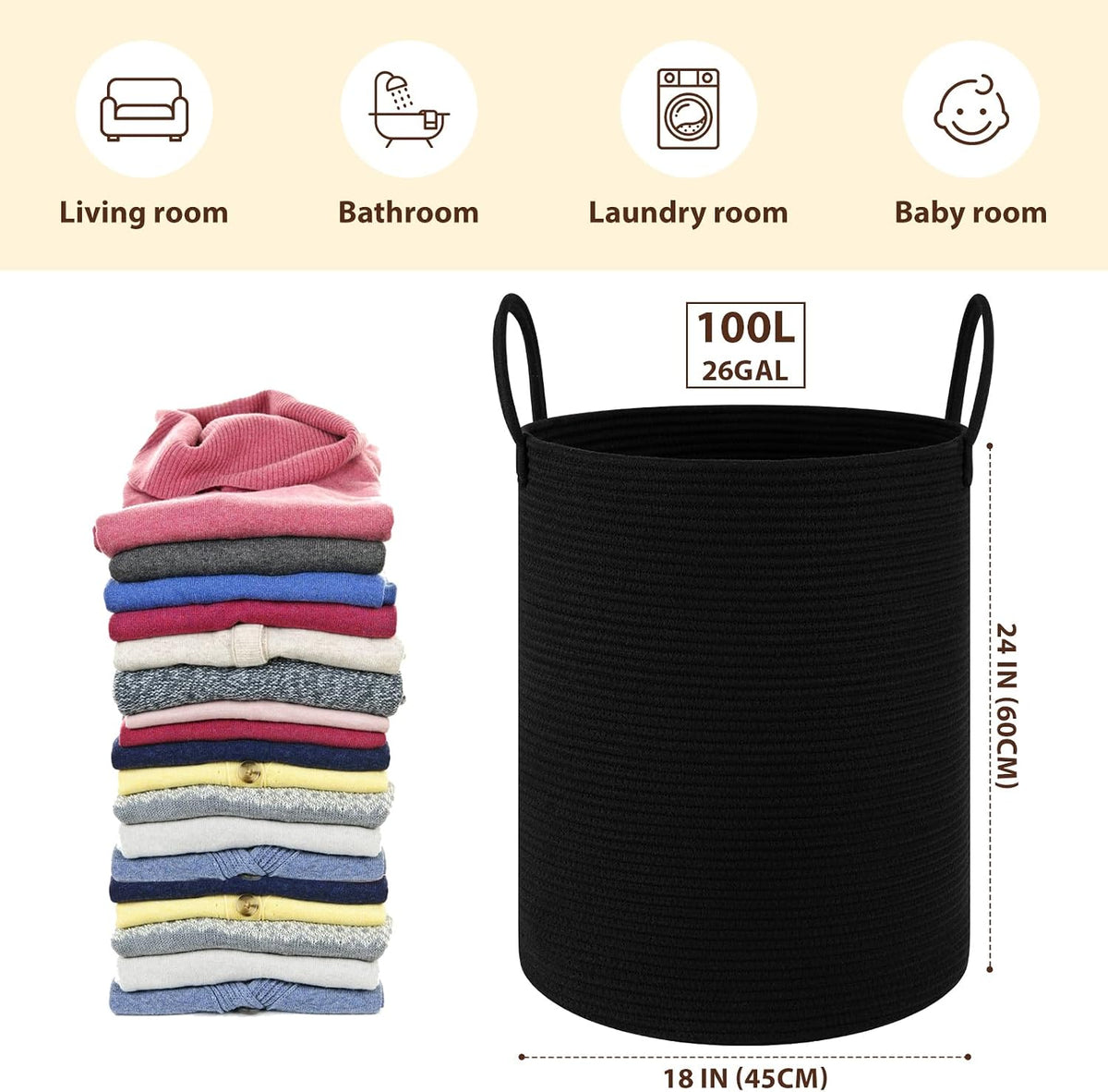 OIAHOMY 60L Nursery Hamper Laundry Basket Laundry Hamper Brown/White