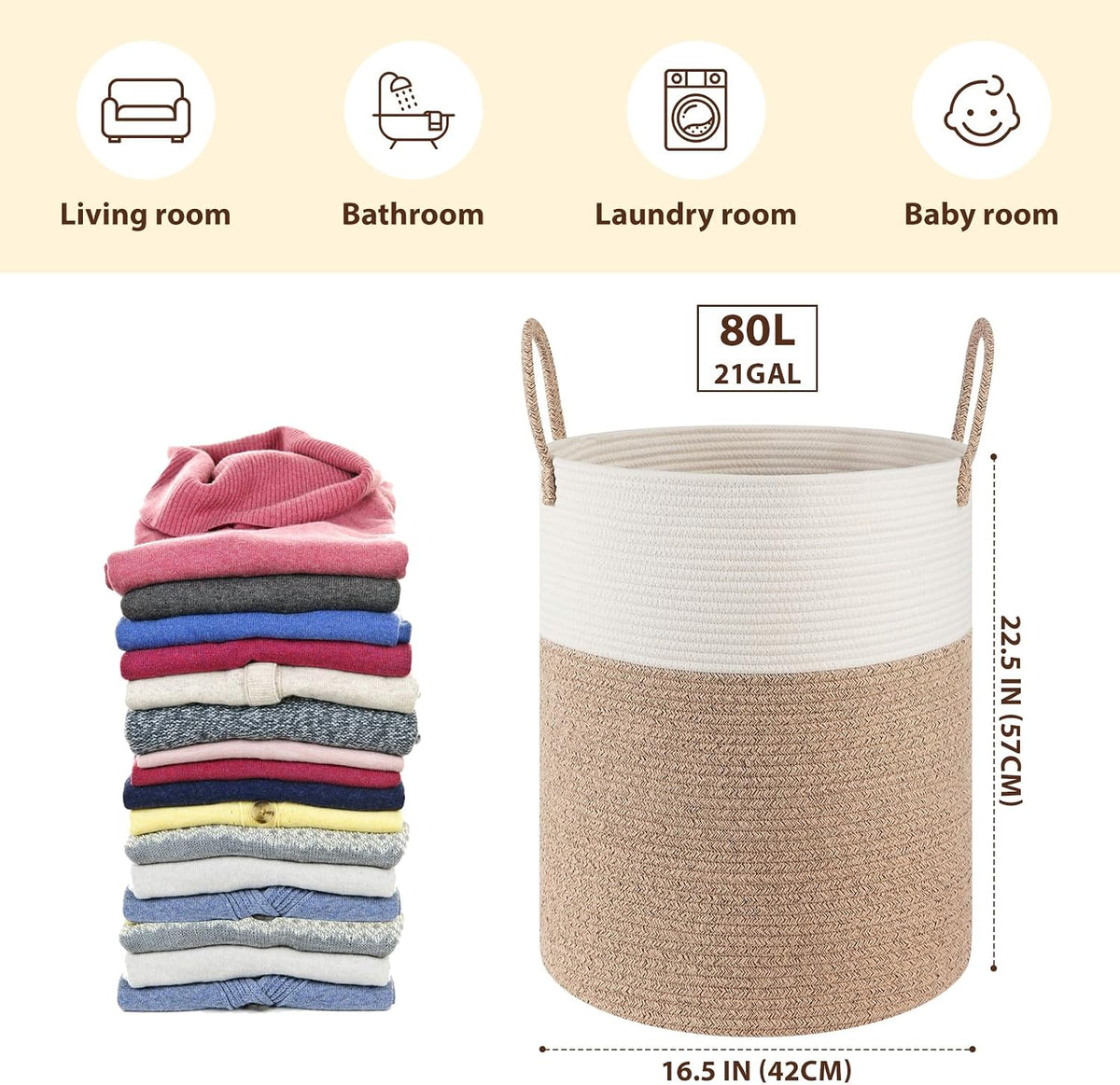OIAHOMY 60L Nursery Hamper Laundry Basket Laundry Hamper Brown/White