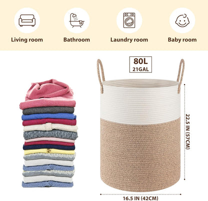 OIAHOMY 60L Nursery Hamper Laundry Basket Laundry Hamper Brown/White