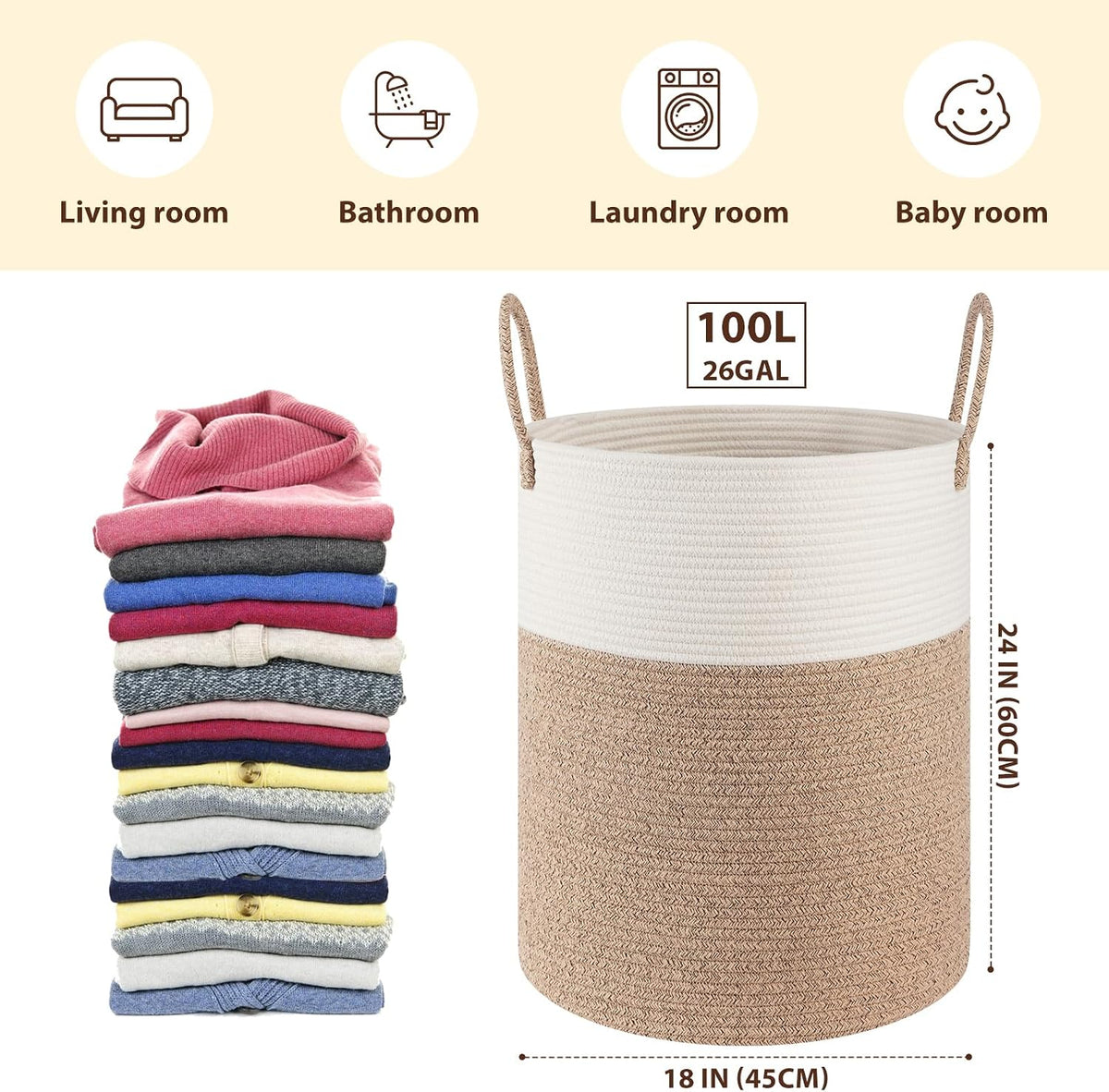 OIAHOMY 60L Nursery Hamper Laundry Basket Laundry Hamper Brown/White