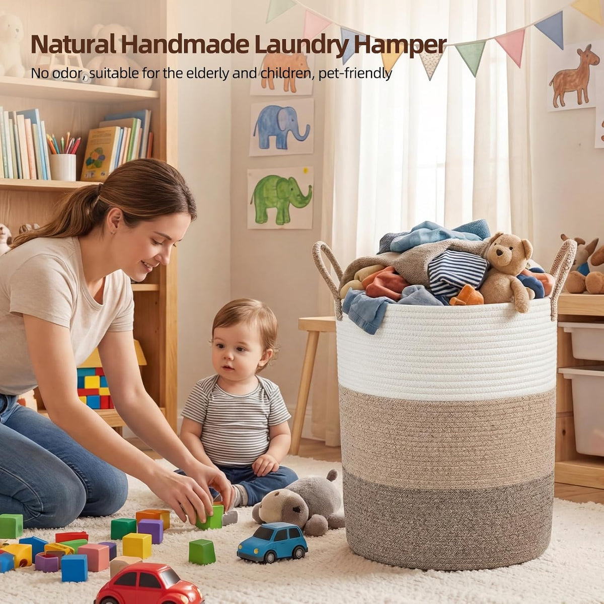 OIAHOMY 60L Nursery Hamper Laundry Basket Laundry Hamper Brown/White
