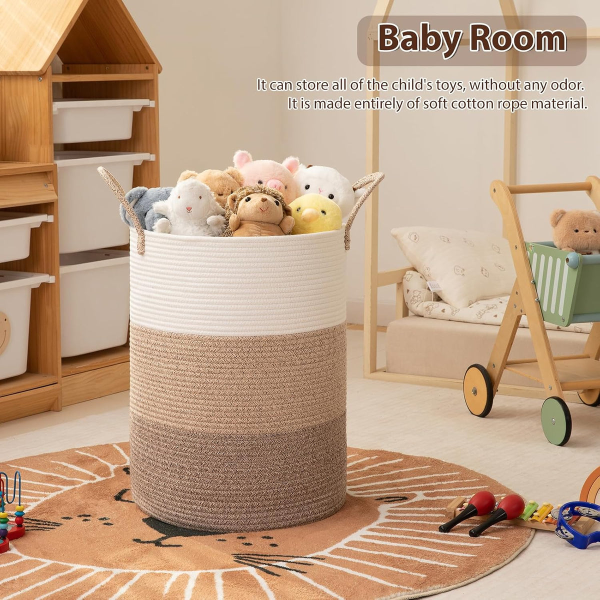 OIAHOMY 60L Nursery Hamper Laundry Basket Laundry Hamper Brown/White