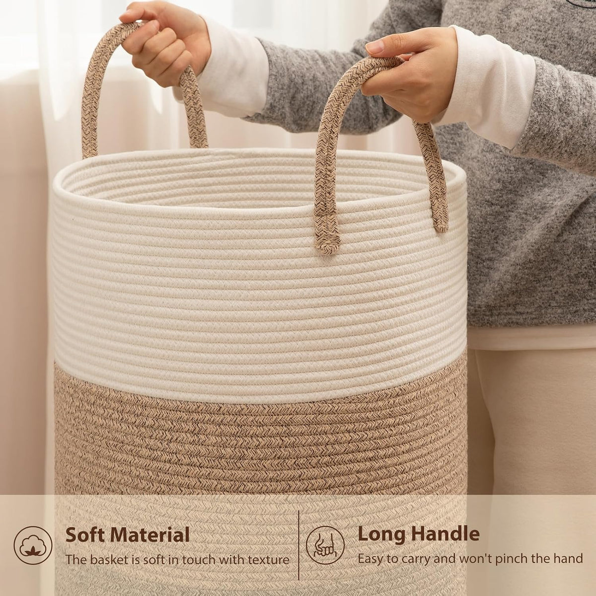 OIAHOMY 60L Nursery Hamper Laundry Basket Laundry Hamper Brown/White