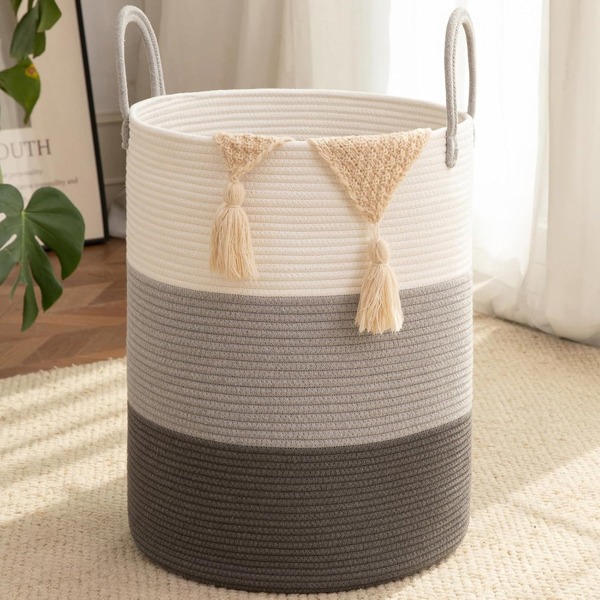 OIAHOMY 60L Nursery Hamper Laundry Basket Laundry Hamper Brown/White