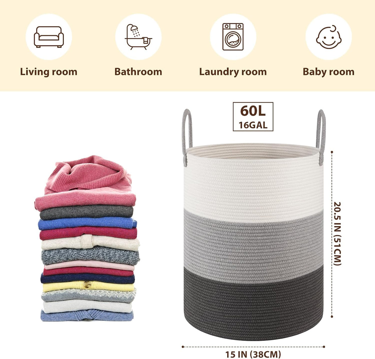 OIAHOMY 60L Nursery Hamper Laundry Basket Laundry Hamper Brown/White