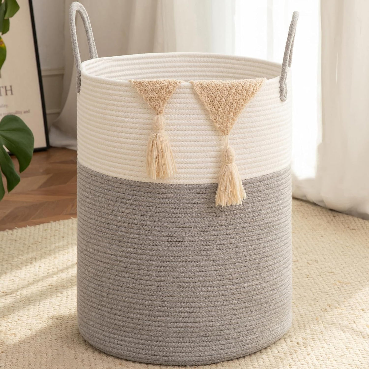 OIAHOMY 60L Nursery Hamper Laundry Basket Laundry Hamper Brown/White