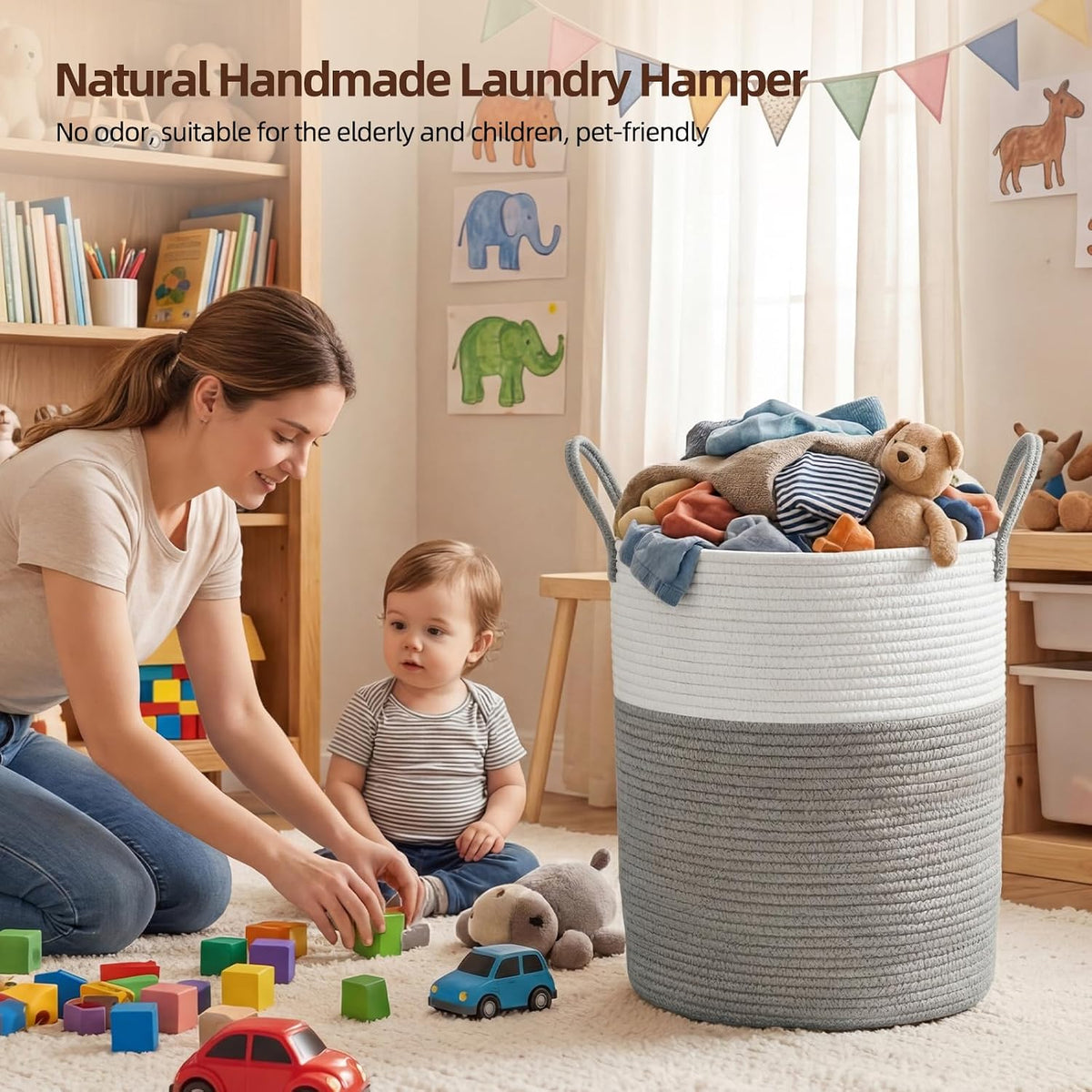 OIAHOMY 60L Nursery Hamper Laundry Basket Laundry Hamper Brown/White