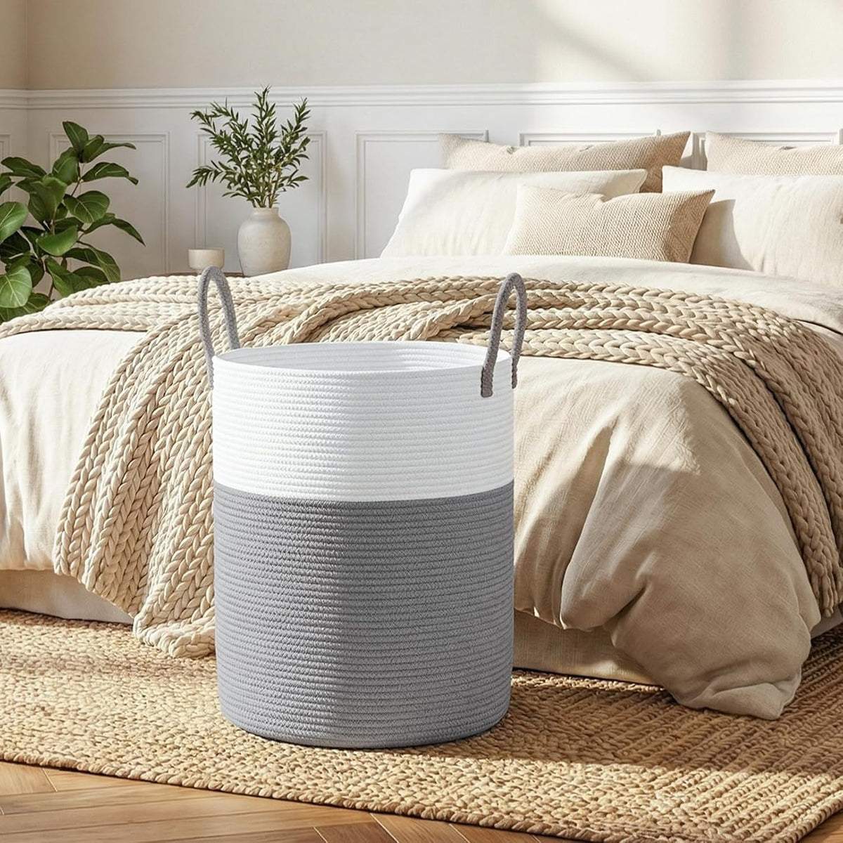 OIAHOMY 60L Nursery Hamper Laundry Basket Laundry Hamper Brown/White