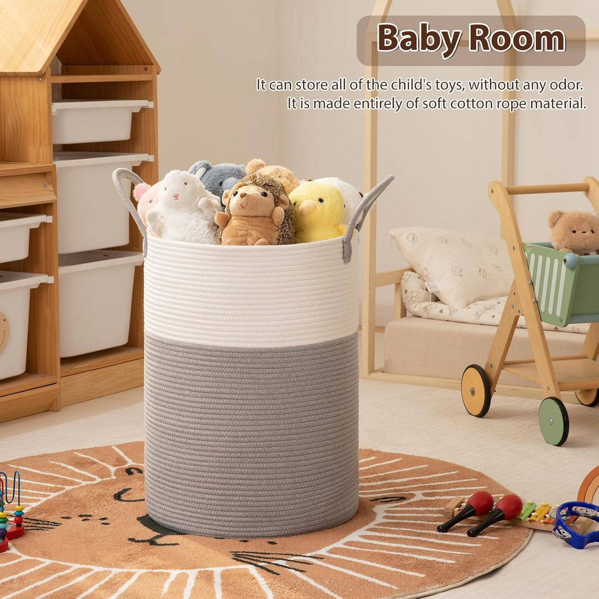 OIAHOMY 60L Nursery Hamper Laundry Basket Laundry Hamper Brown/White
