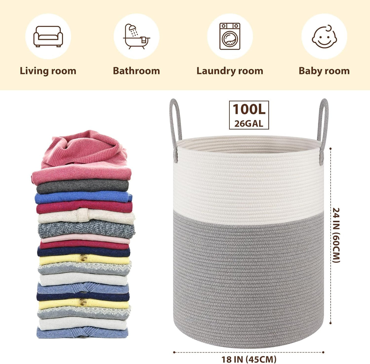 OIAHOMY 60L Nursery Hamper Laundry Basket Laundry Hamper Brown/White
