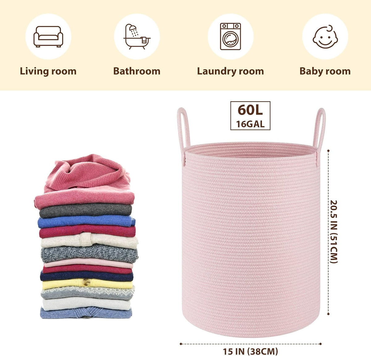OIAHOMY 60L Nursery Hamper Laundry Basket Laundry Hamper Brown/White