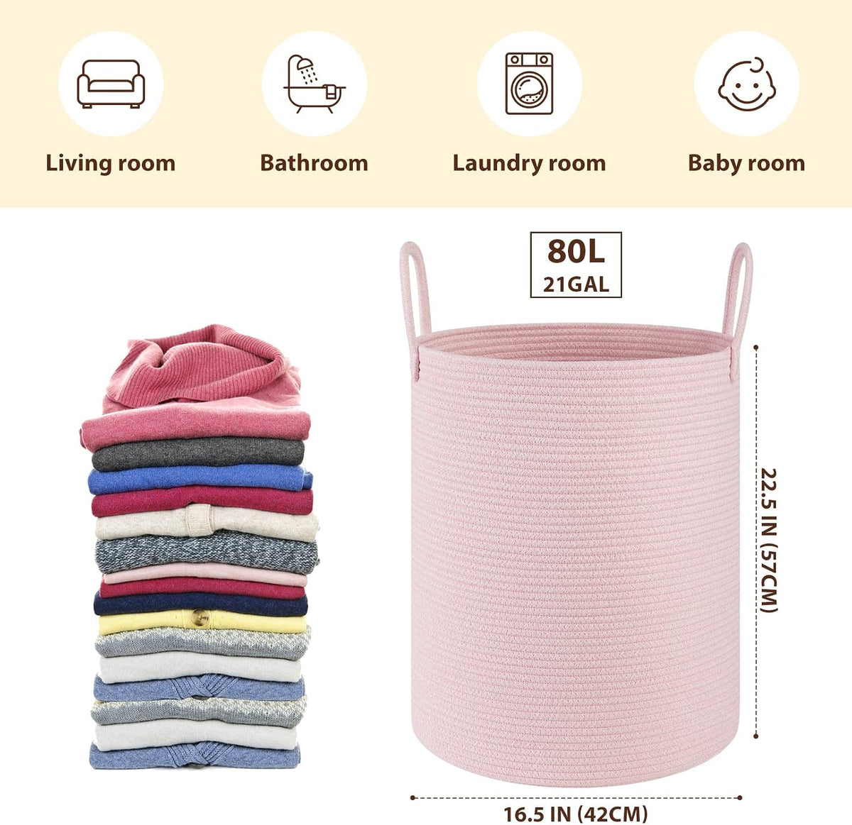OIAHOMY 60L Nursery Hamper Laundry Basket Laundry Hamper Brown/White