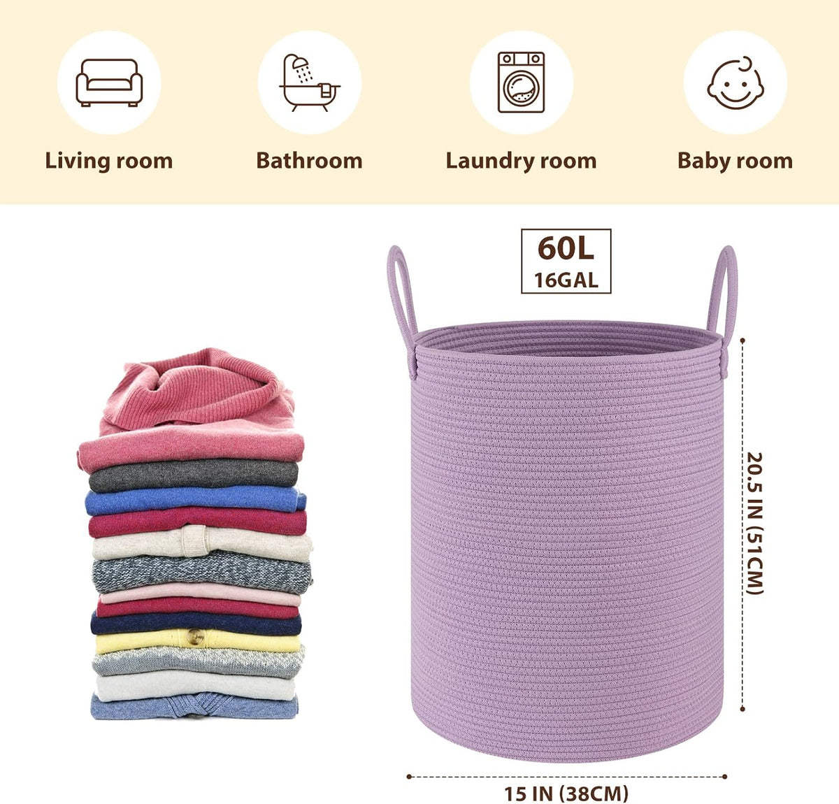 OIAHOMY 60L Nursery Hamper Laundry Basket Laundry Hamper Brown/White