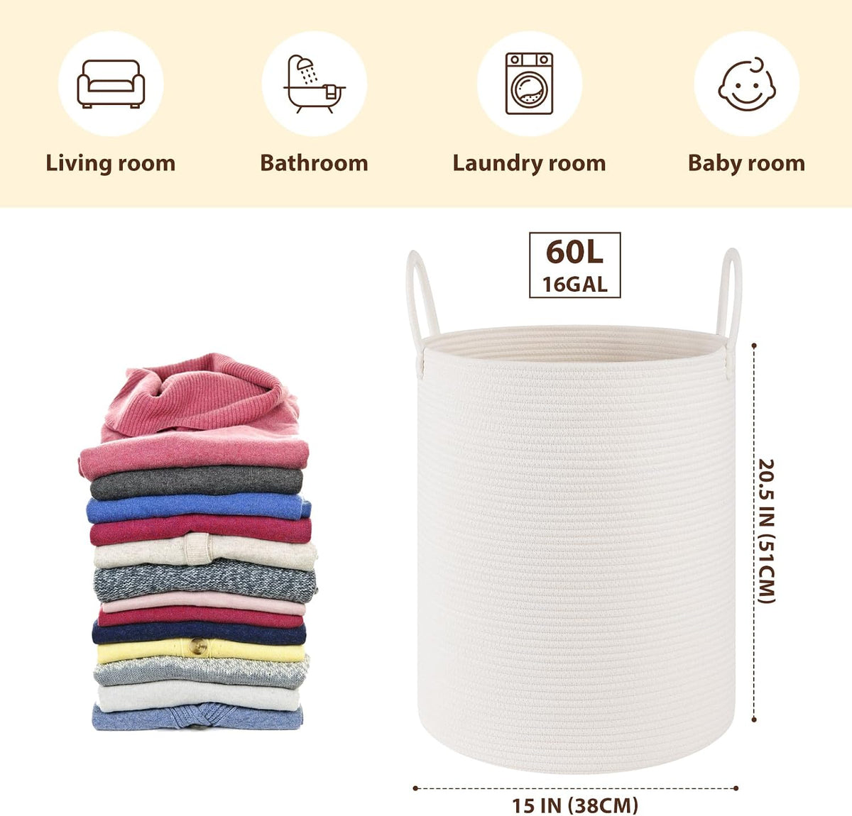 OIAHOMY 60L Nursery Hamper Laundry Basket Laundry Hamper Brown/White