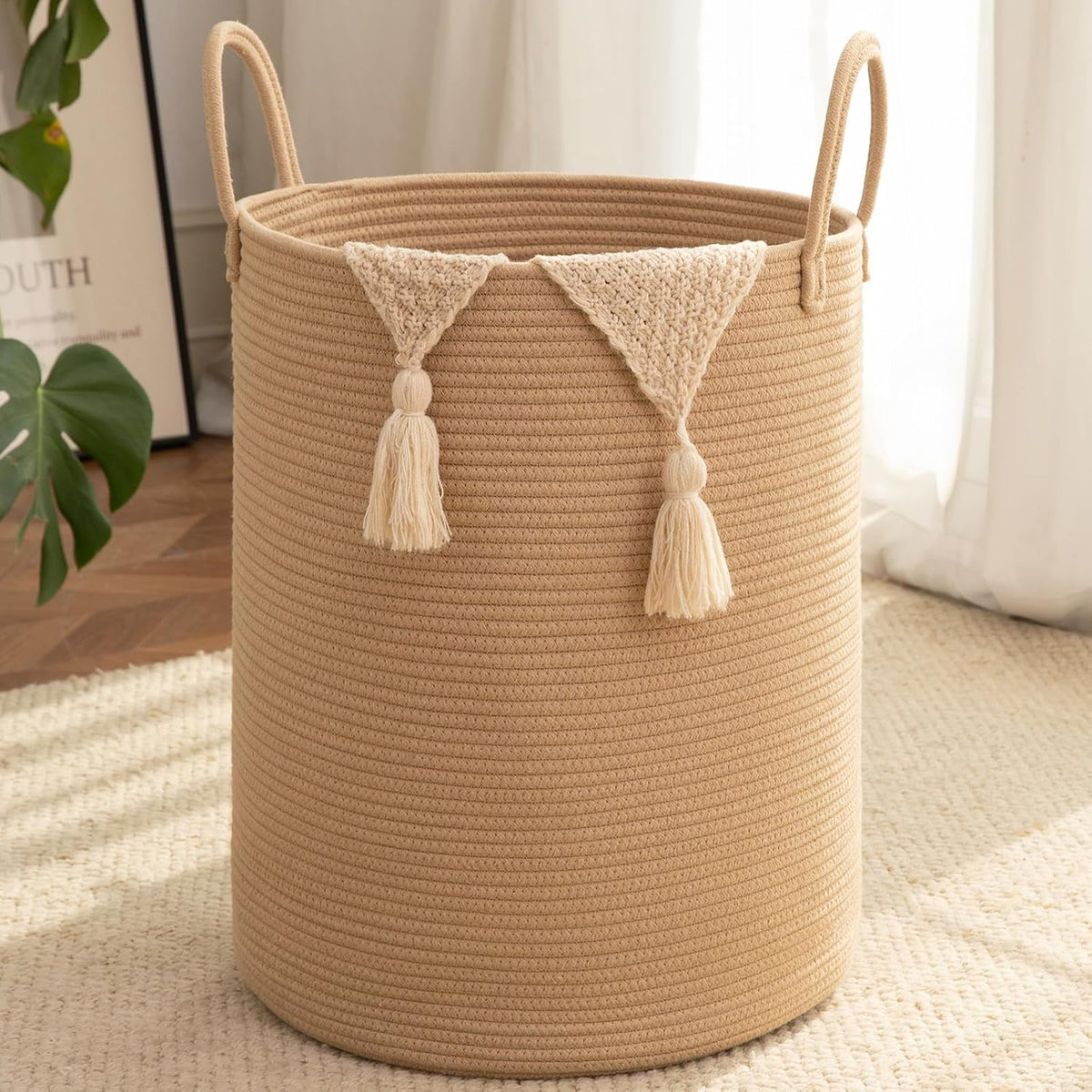 OIAHOMY 60L Nursery Hamper Laundry Basket Laundry Hamper Brown/White