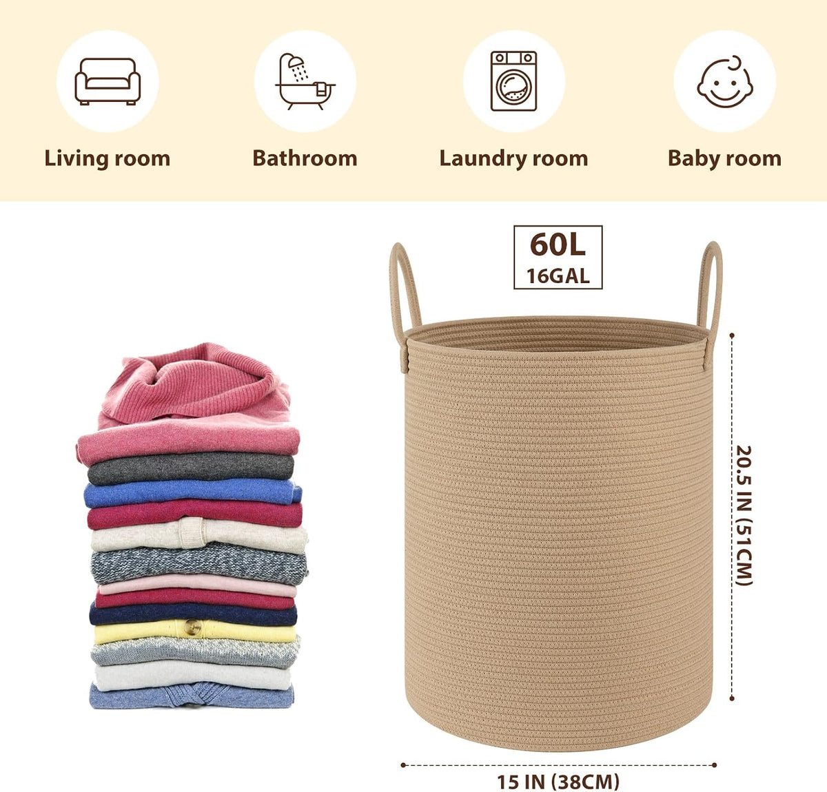 OIAHOMY 60L Nursery Hamper Laundry Basket Laundry Hamper Brown/White