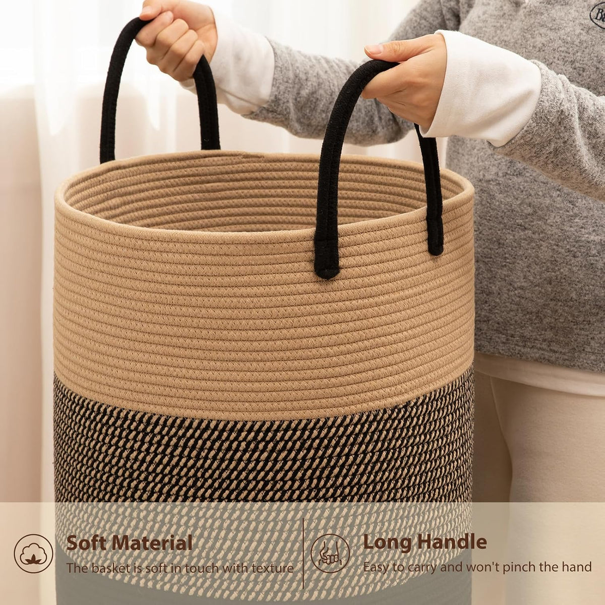 OIAHOMY 60L Nursery Hamper Laundry Basket Laundry Hamper Brown/White
