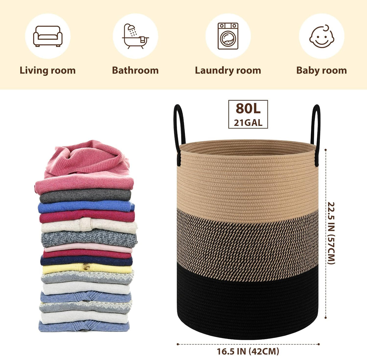 OIAHOMY 60L Nursery Hamper Laundry Basket Laundry Hamper Brown/White