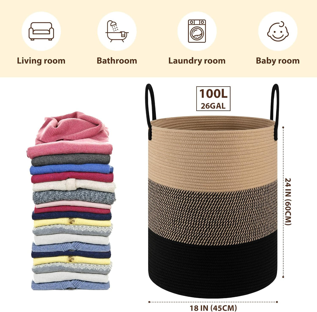 OIAHOMY 60L Nursery Hamper Laundry Basket Laundry Hamper Brown/White