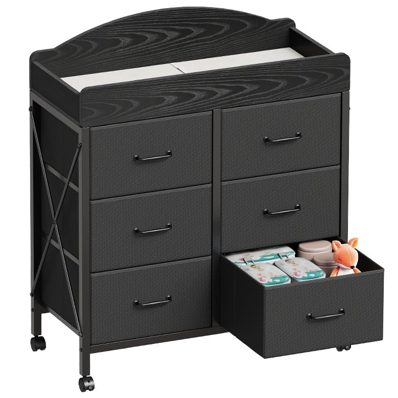 Changing Table Dresser, 6 Fabric Drawers, Mobile Storage, Brown