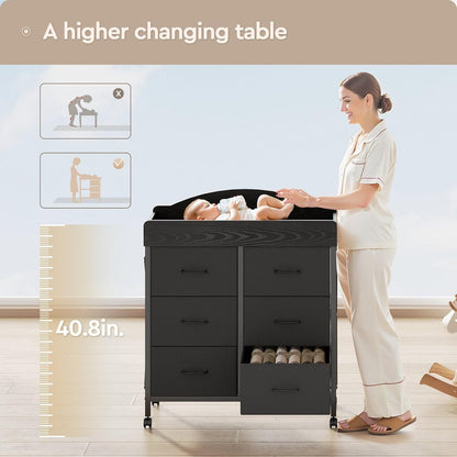 Changing Table Dresser, 6 Fabric Drawers, Mobile Storage, Brown