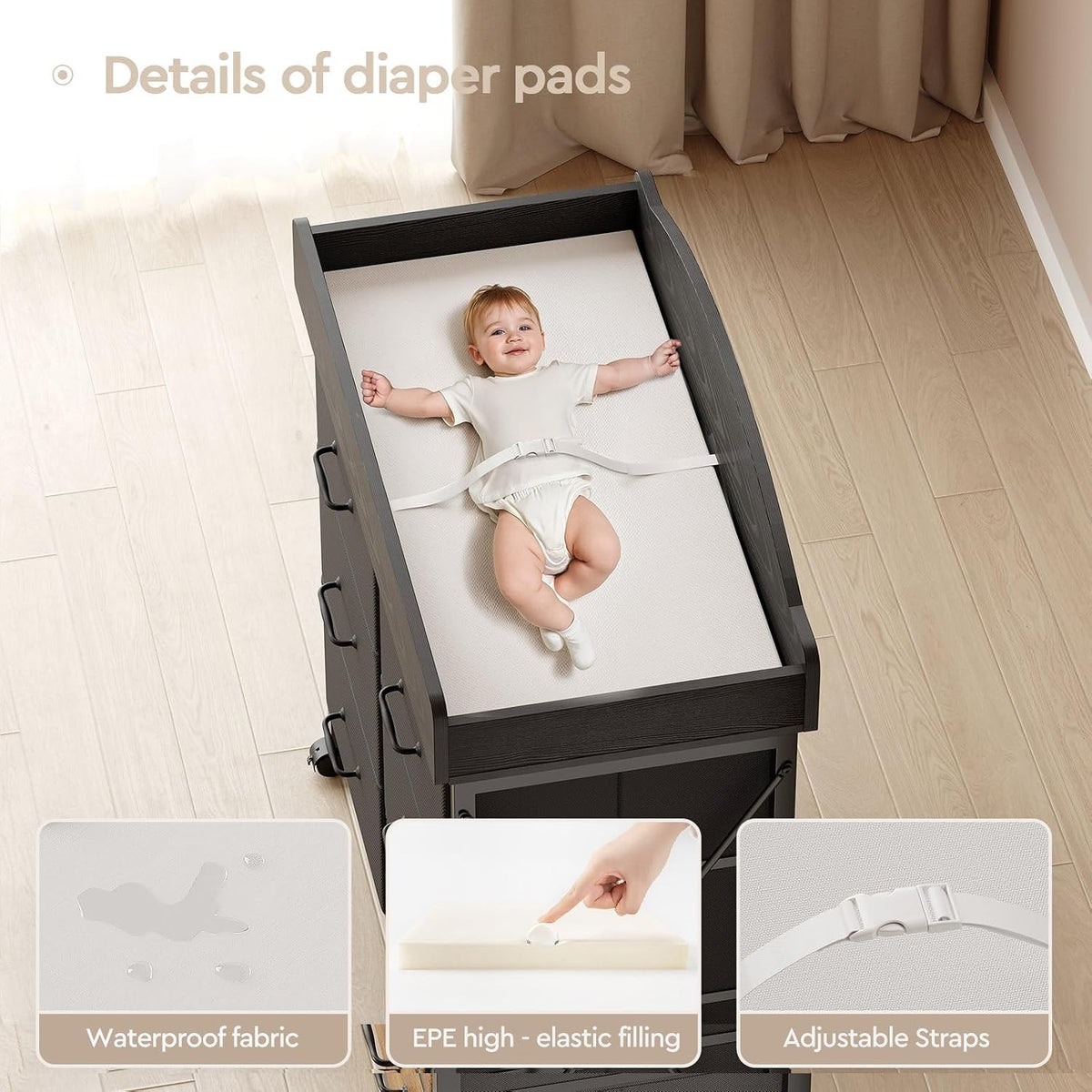 Changing Table Dresser, 6 Fabric Drawers, Mobile Storage, Brown