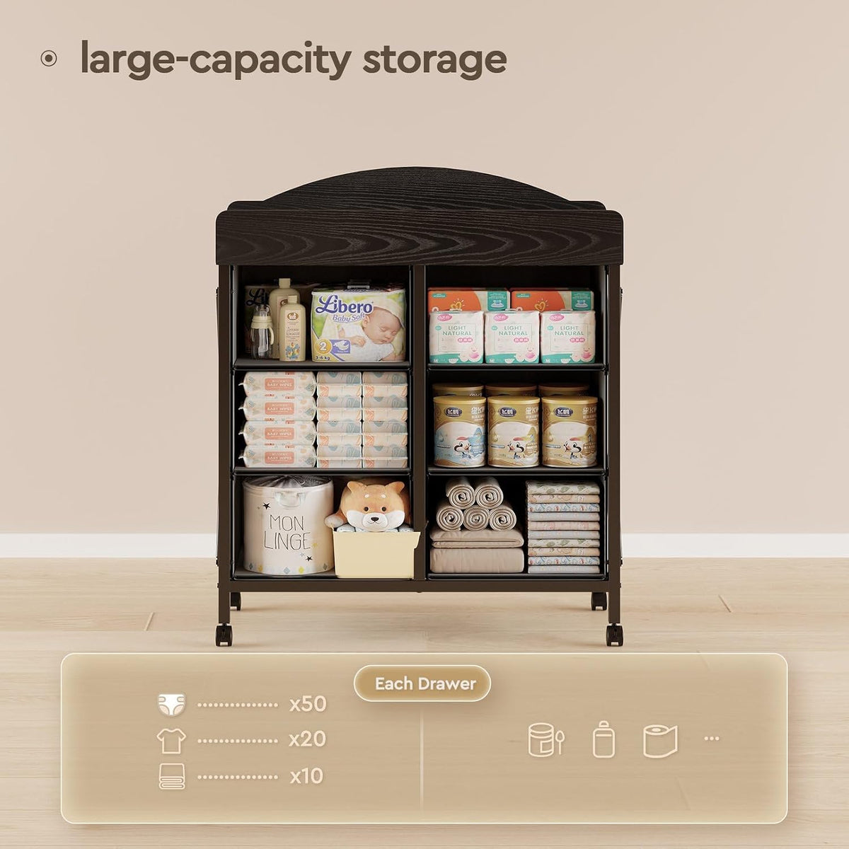 Changing Table Dresser, 6 Fabric Drawers, Mobile Storage, Brown