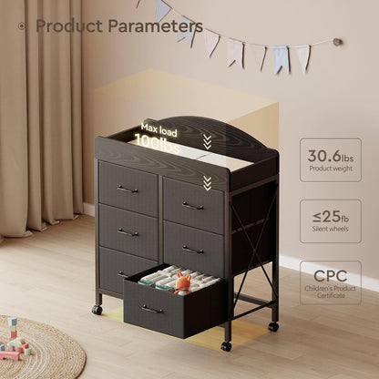 Changing Table Dresser, 6 Fabric Drawers, Mobile Storage, Brown