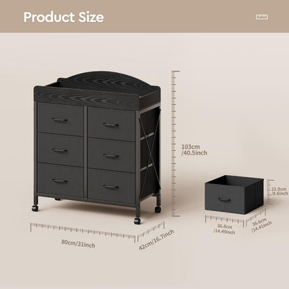 Changing Table Dresser, 6 Fabric Drawers, Mobile Storage, Brown