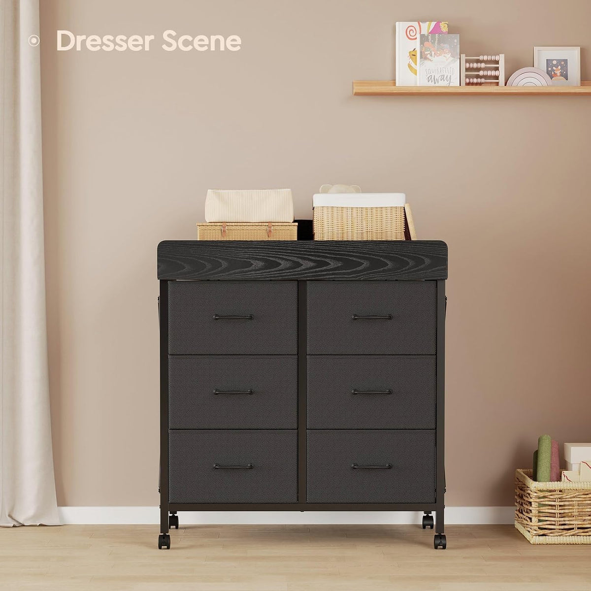 Changing Table Dresser, 6 Fabric Drawers, Mobile Storage, Brown
