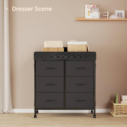 Changing Table Dresser, 6 Fabric Drawers, Mobile Storage, Brown