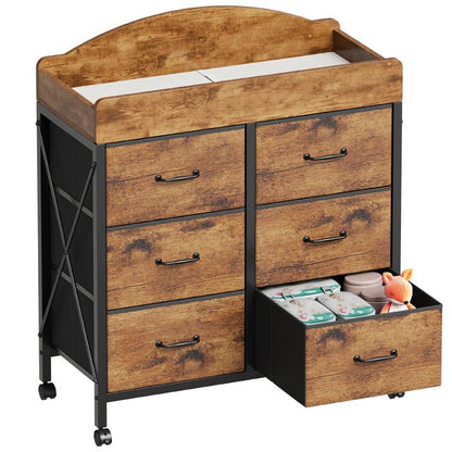 Changing Table Dresser, 6 Fabric Drawers, Mobile Storage, Brown