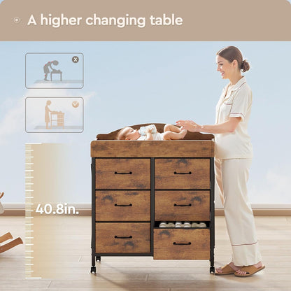 Changing Table Dresser, 6 Fabric Drawers, Mobile Storage, Brown