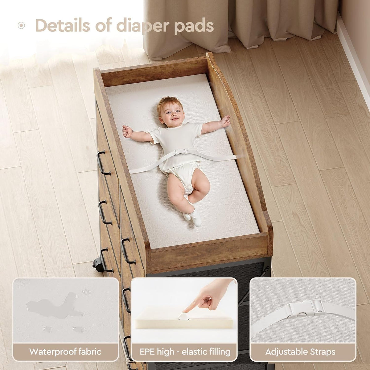 Changing Table Dresser, 6 Fabric Drawers, Mobile Storage, Brown