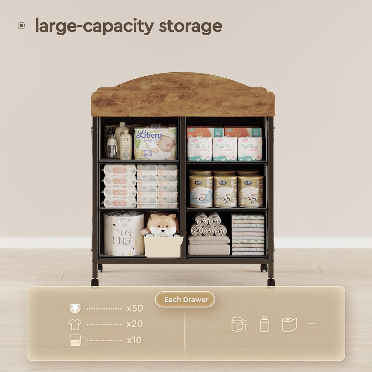 Changing Table Dresser, 6 Fabric Drawers, Mobile Storage, Brown