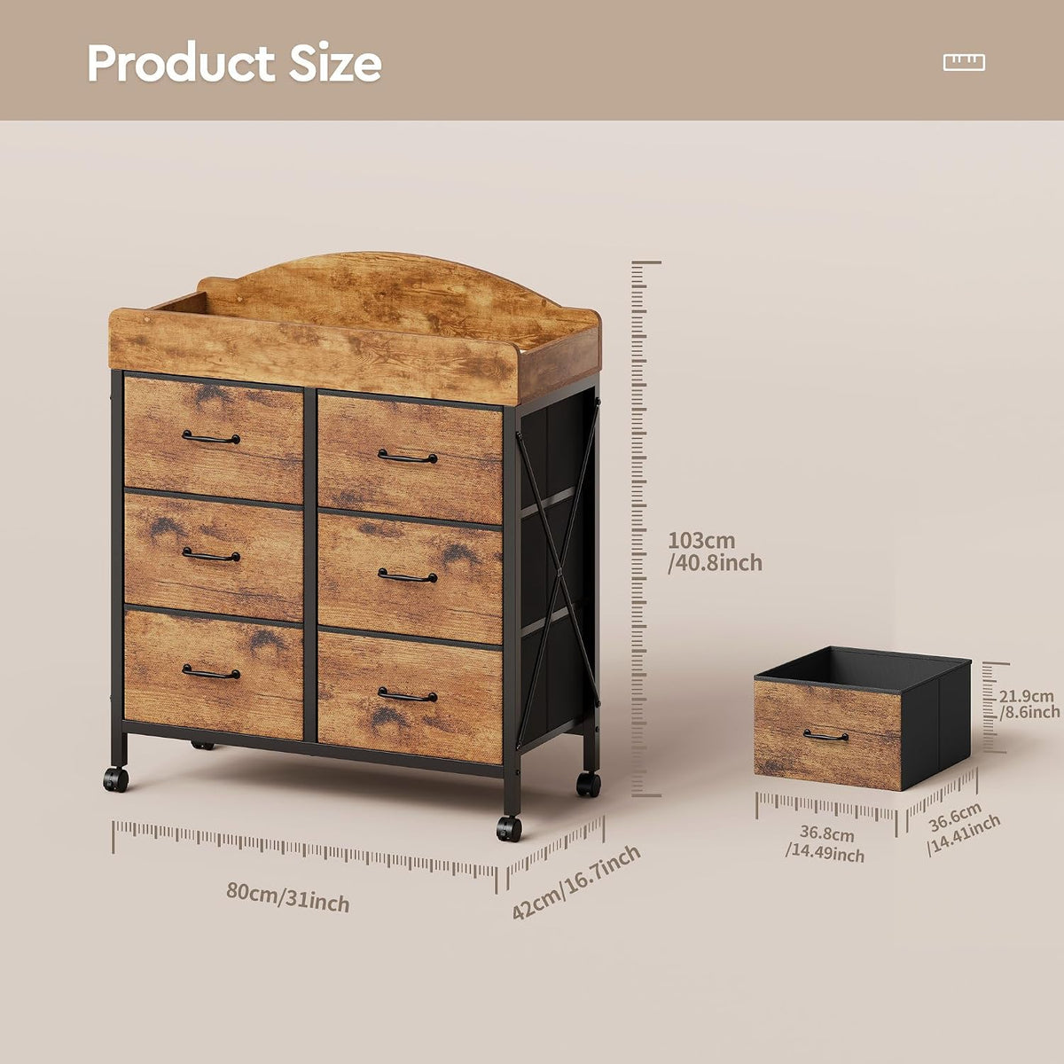 Changing Table Dresser, 6 Fabric Drawers, Mobile Storage, Brown