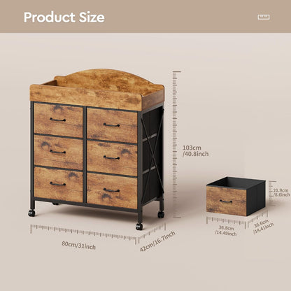Changing Table Dresser, 6 Fabric Drawers, Mobile Storage, Brown
