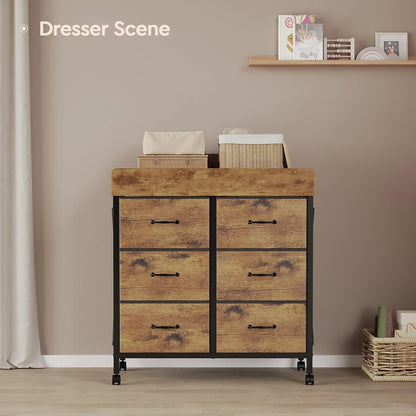Changing Table Dresser, 6 Fabric Drawers, Mobile Storage, Brown