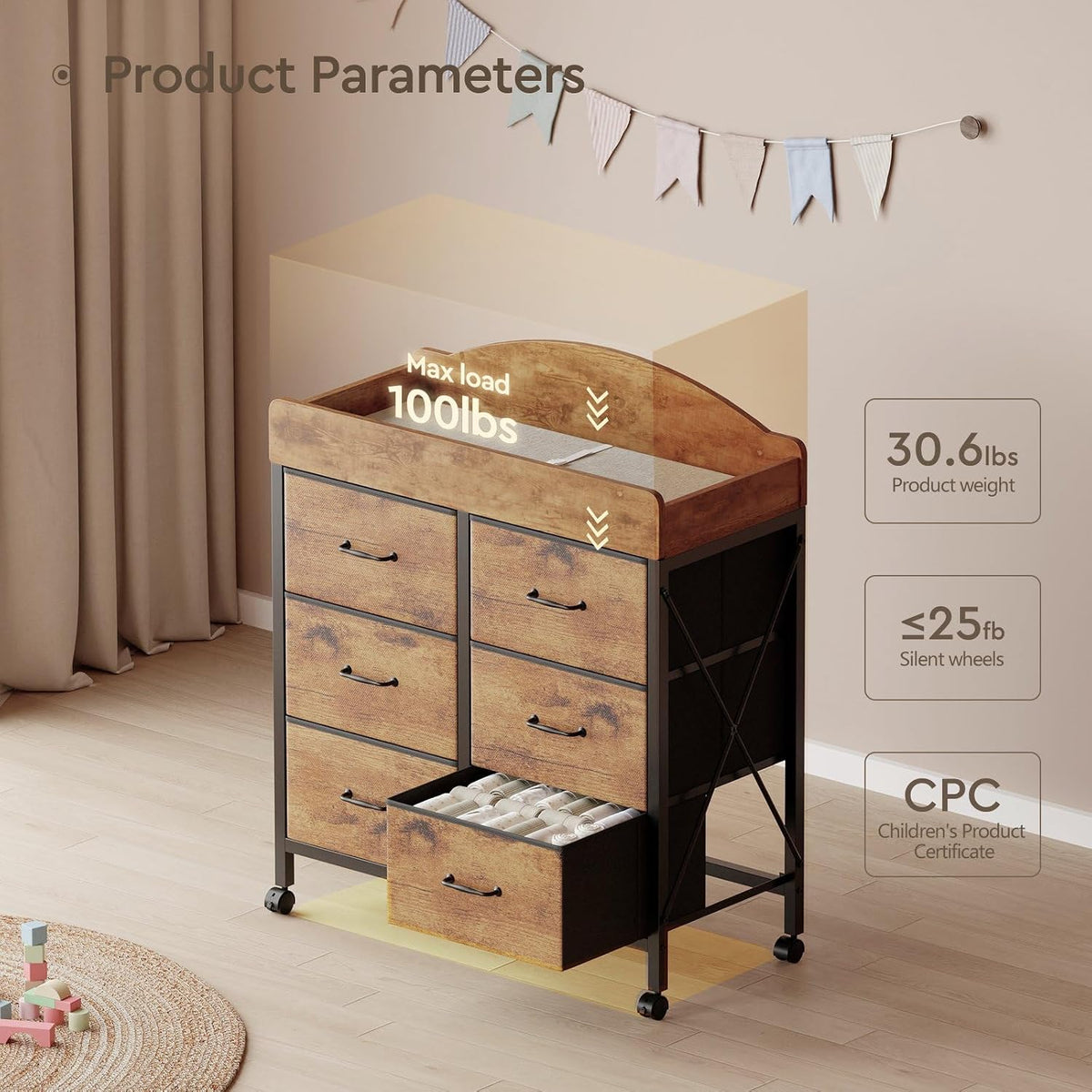 Changing Table Dresser, 6 Fabric Drawers, Mobile Storage, Brown