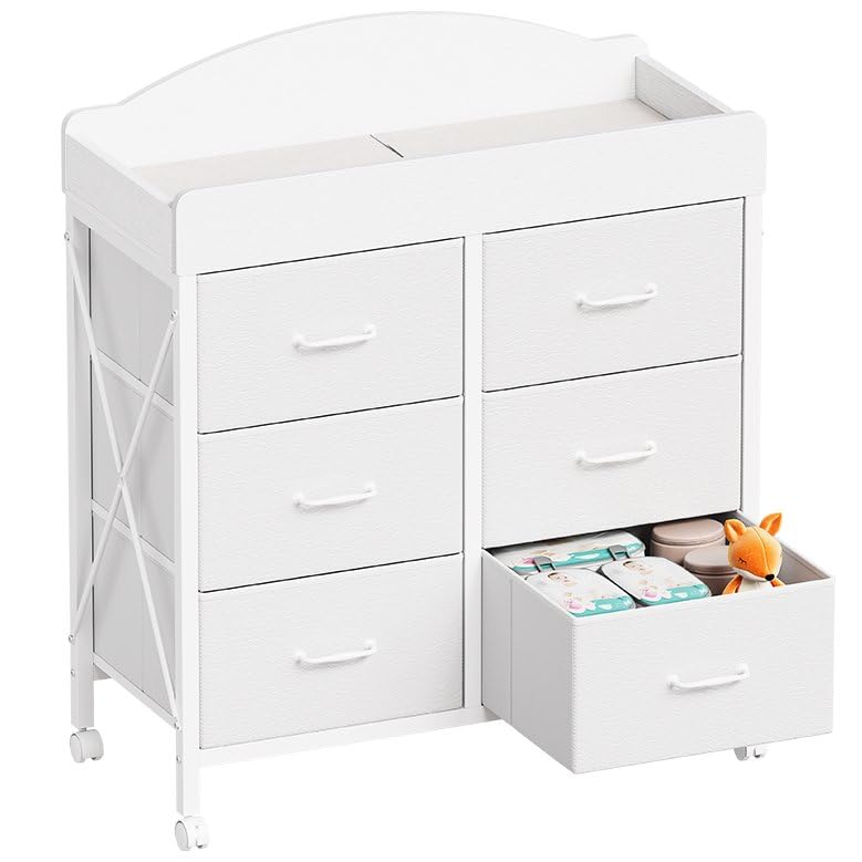 Changing Table Dresser, 6 Fabric Drawers, Mobile Storage, Brown