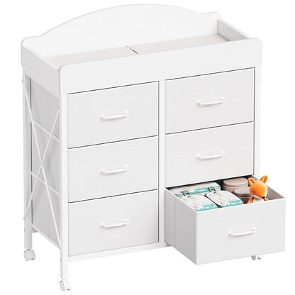 Changing Table Dresser, 6 Fabric Drawers, Mobile Storage, Brown