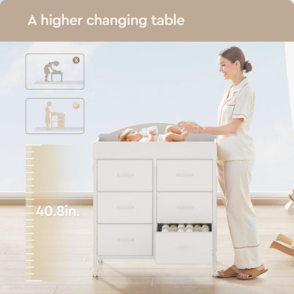 Changing Table Dresser, 6 Fabric Drawers, Mobile Storage, Brown