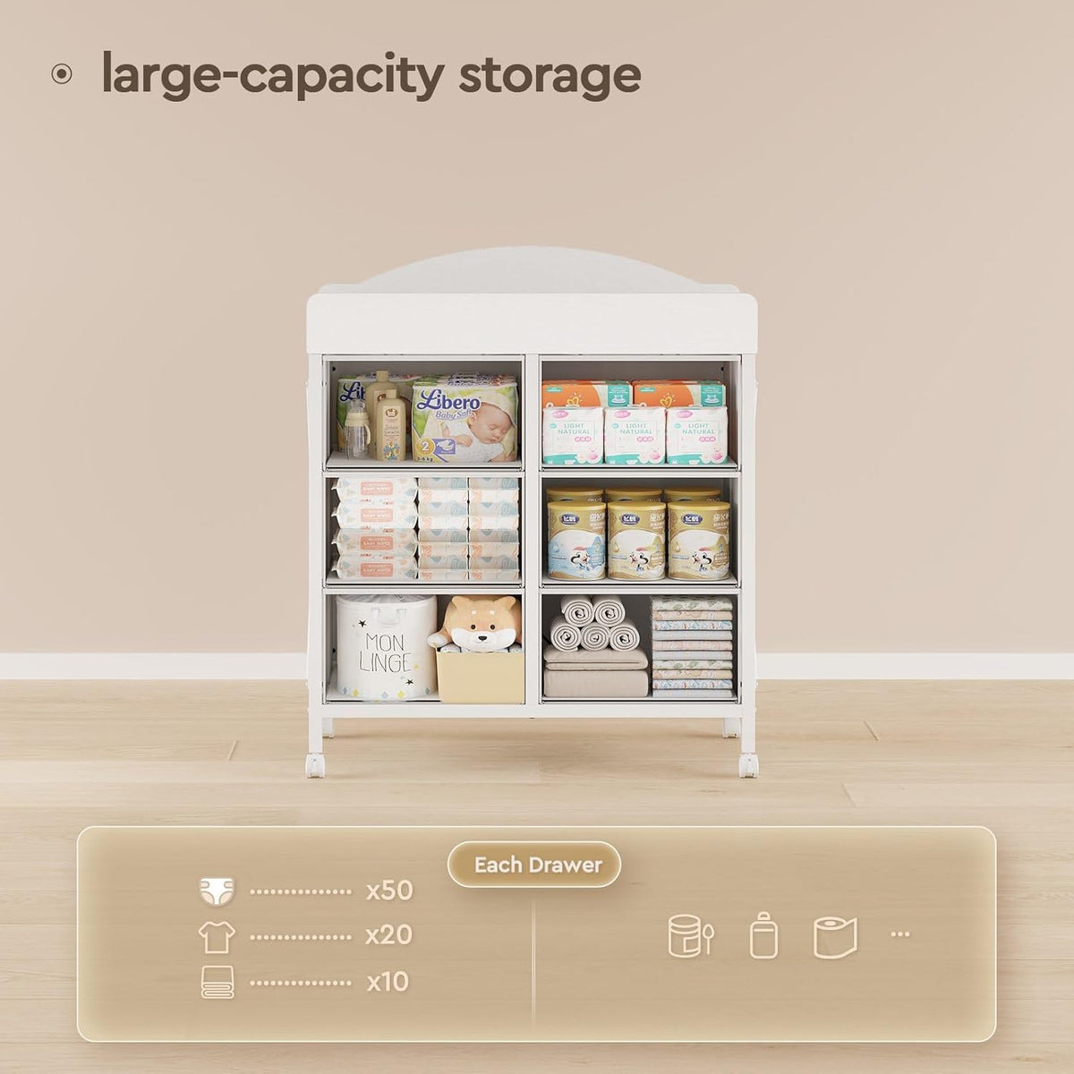 Changing Table Dresser, 6 Fabric Drawers, Mobile Storage, Brown
