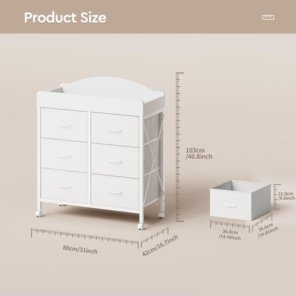 Changing Table Dresser, 6 Fabric Drawers, Mobile Storage, Brown