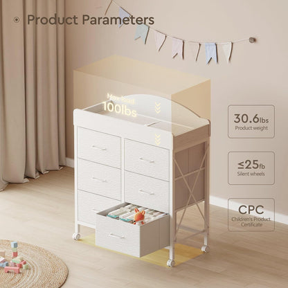 Changing Table Dresser, 6 Fabric Drawers, Mobile Storage, Brown